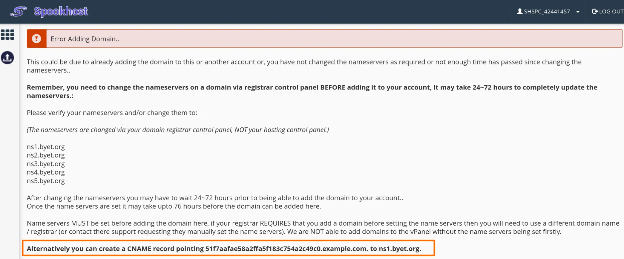 Addon Domain CNAME Validation